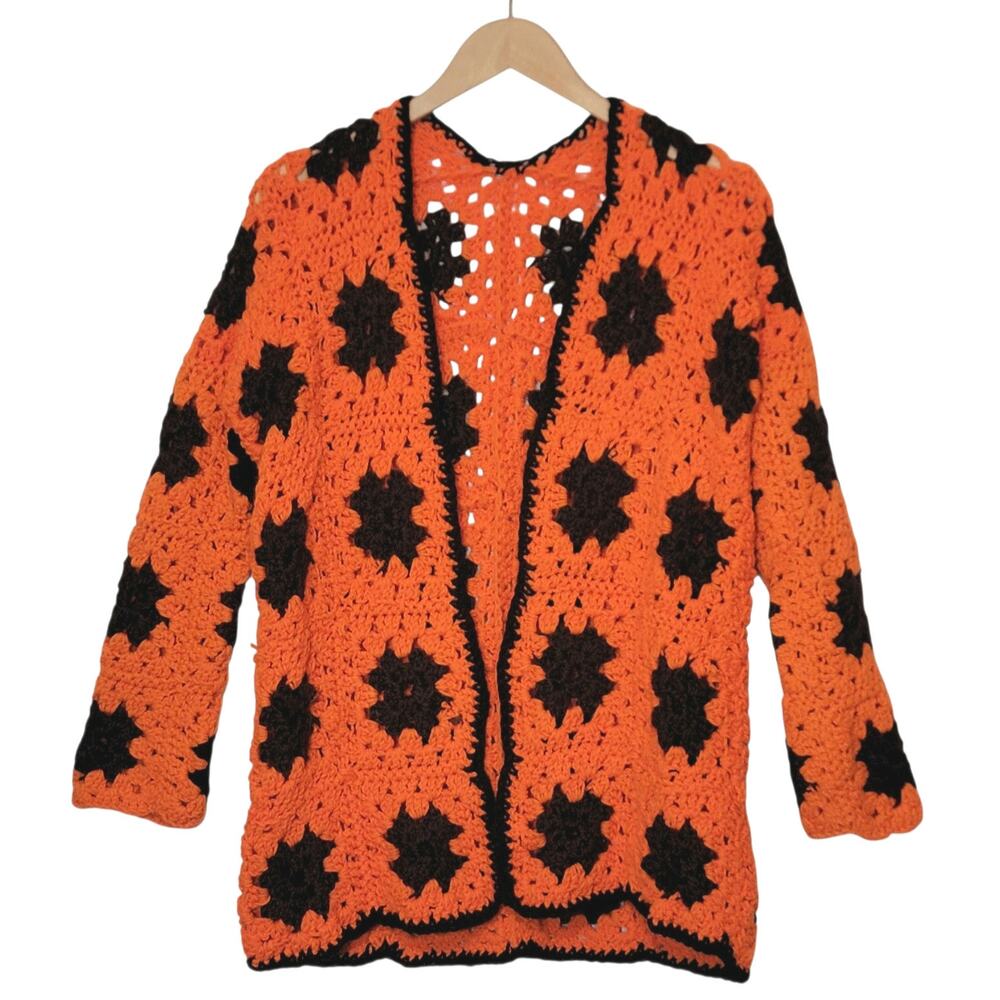 Crochet Floral Cardigan Boho Granny Square Sweater Orange Brown M/L